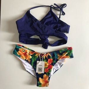 NWT Cupshe bikini w blue wrap top floral bottom S